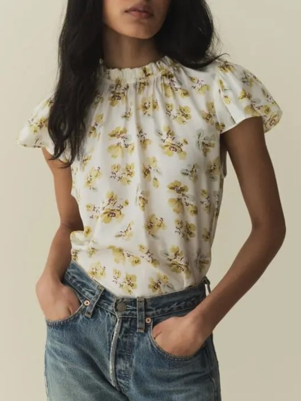 DÔEN Yvie Top Gold Frolicking Floral Silk Blend Ruffle Blouse NWT XS